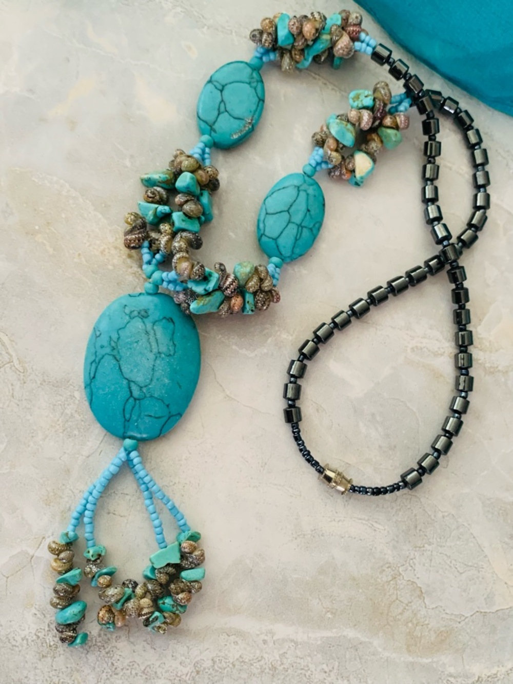 Turquoise Stone Beaded Statement Necklace with Hematite and Shell